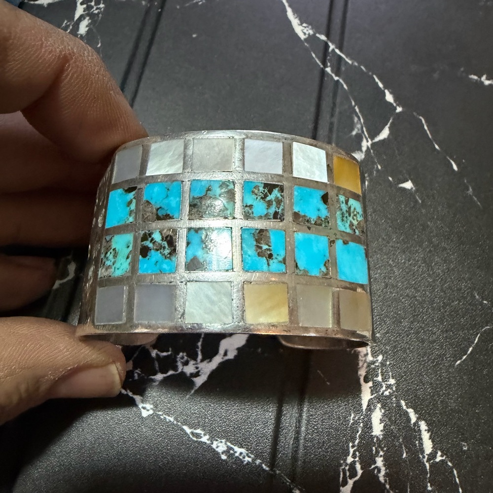 Turquoise Inlay Wide Cuff Bracelet - Blue Mosaic Design